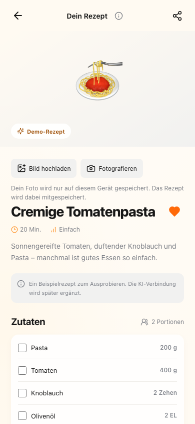 cookingai.app: Beispielrezept Cremige Tomatenpasta